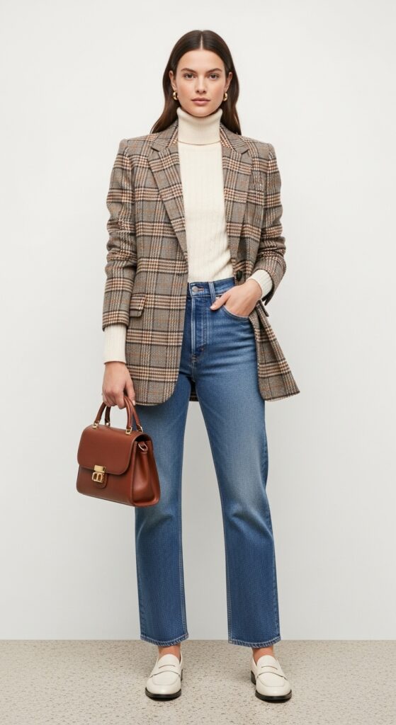 Plaid Blazer and Straight-Leg Jeans