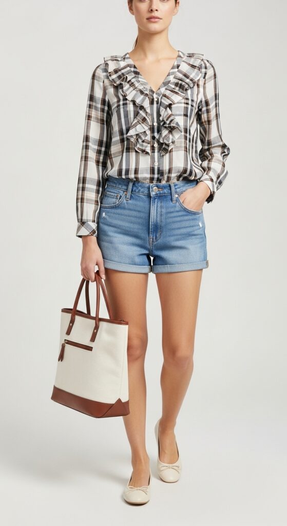 21 Feminine Ballet Flat Outfits for Classic and Modern Looks 13 Plaid Blouse and Denim Shorts