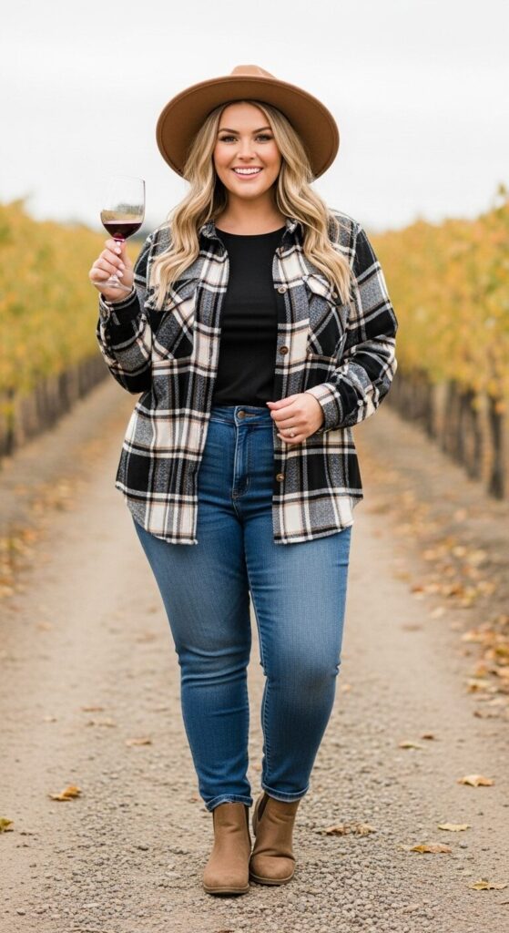 11 Plus Size Winter Winery Outfits (Taste Wine in Style) 5 Plaid Flannel Shirt & Denim