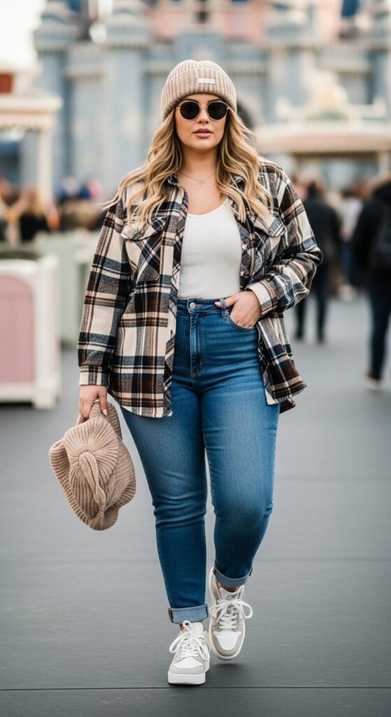 Plaid Flannel Shirt & High-Waisted Pants