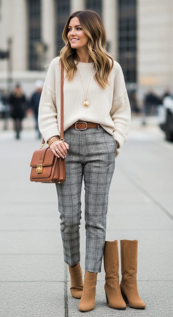 30 Stylish Winter Outfits for Women That Keep You Warm and Fashion-Forward 28 Plaid Pants and Cream Sweater