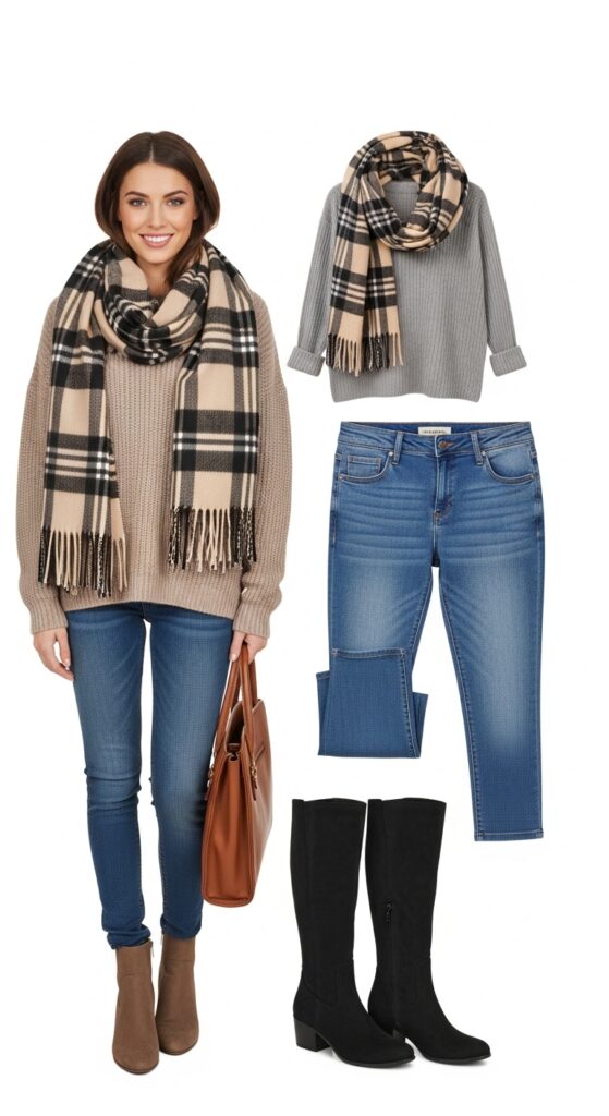30 Stylish Winter Outfits for Women That Keep You Warm and Fashion-Forward 8 Plaid Scarf and Sweater Combo