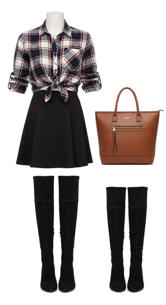 16 Trendy Knee-High Boot Outfits to Shine in Any Setting 7 Plaid Shirt and A-Line Skirt