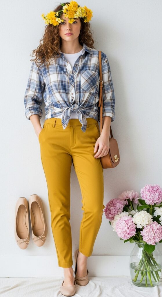 9 Bold Mustard Pants Outfits to Elevate Your Style with Chic Season Style 9 Plaid Shirt and Ballet Flats for Spring