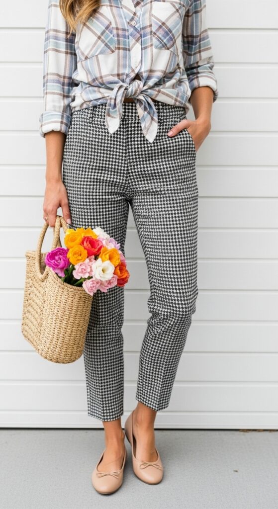 15 Chic Houndstooth Pants Outfits to Rock This Season with Chic Season Style 11 Plaid Shirt and Ballet Flats for Spring Brunch