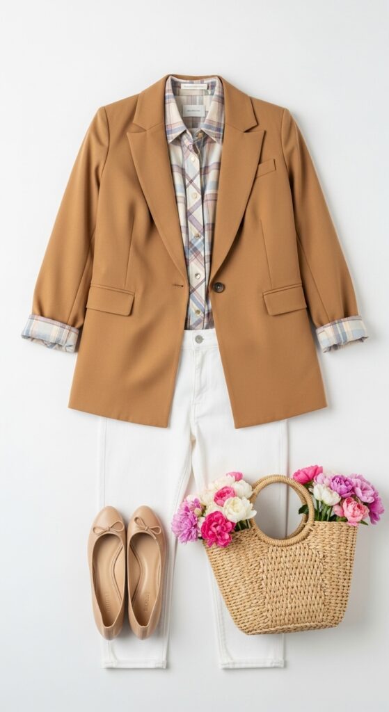 10 Chic Camel Blazer Outfits to Transform Your Wardrobe with Chic Season Style 11 Plaid Shirt and Ballet Flats for Spring Brunch