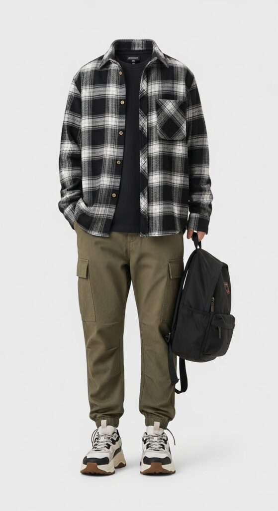 20 Bold Chunky Sneaker Outfits for a Standout Look 5 Plaid Shirt and Cargo Pants