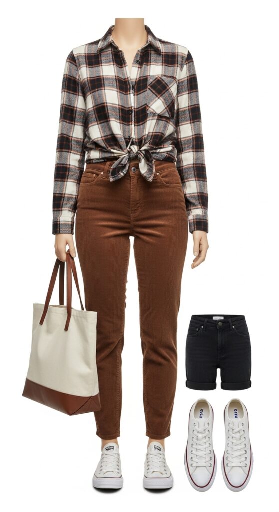 24 Trendy Converse Sneaker Outfits for Every Vibe 13 Plaid Shirt and Corduroy Pants