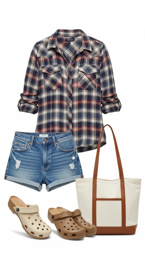 Plaid Shirt and Denim Shorts