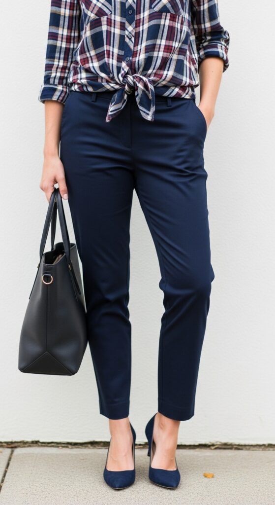 15 Stylish Navy Pants Outfits for Effortless Elegance 13 Plaid Shirt and Kitten Heels