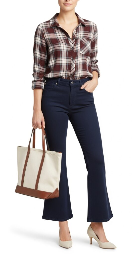 15 Chic Flare Pants Outfits to Elevate Your Wardrobe with Chic Season Style 13 Plaid Shirt and Kitten Heels