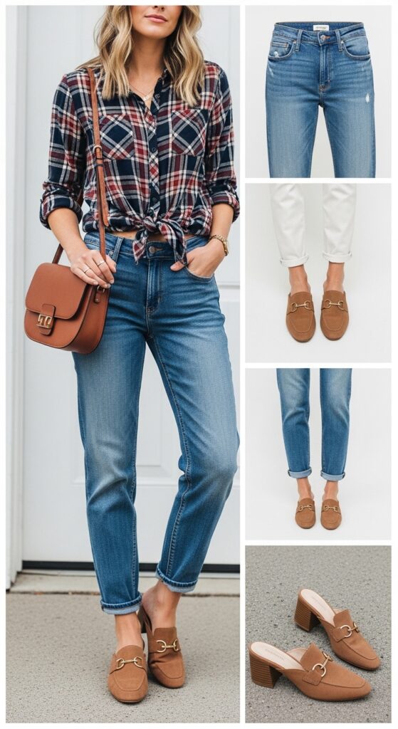 14 Trendy Boyfriend Jeans Outfits for Pinterest-Perfect Style 11 Plaid Shirt and Mules