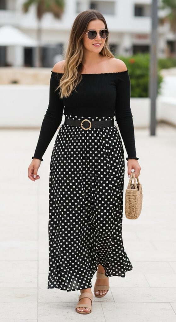 Mexico Outfit Guide: 33 Stylish Vacation Looks for U.S. Women in 2025 31 Playa Night Off-Shoulder Top & Polka Dot Skirt