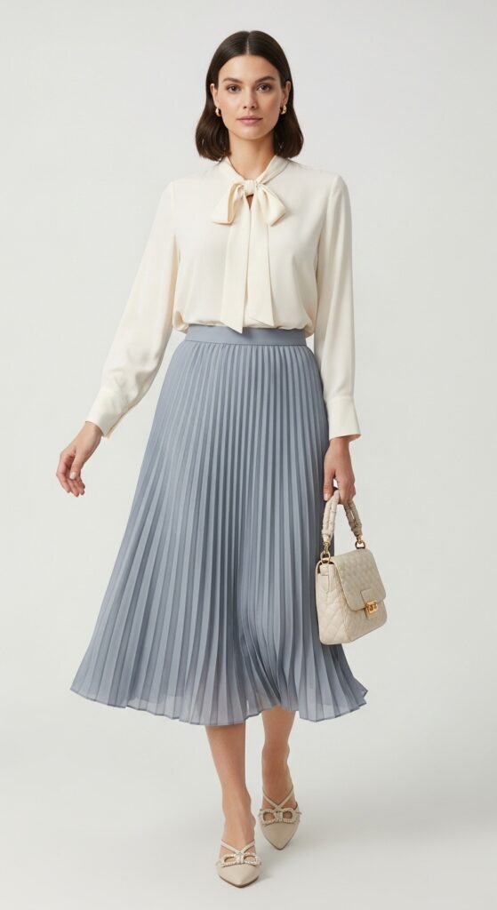 10 Stylish Baby Shower Outfit Ideas for Moms-to-Be and Guests 9 Pleated Skirt and Blouse Combo