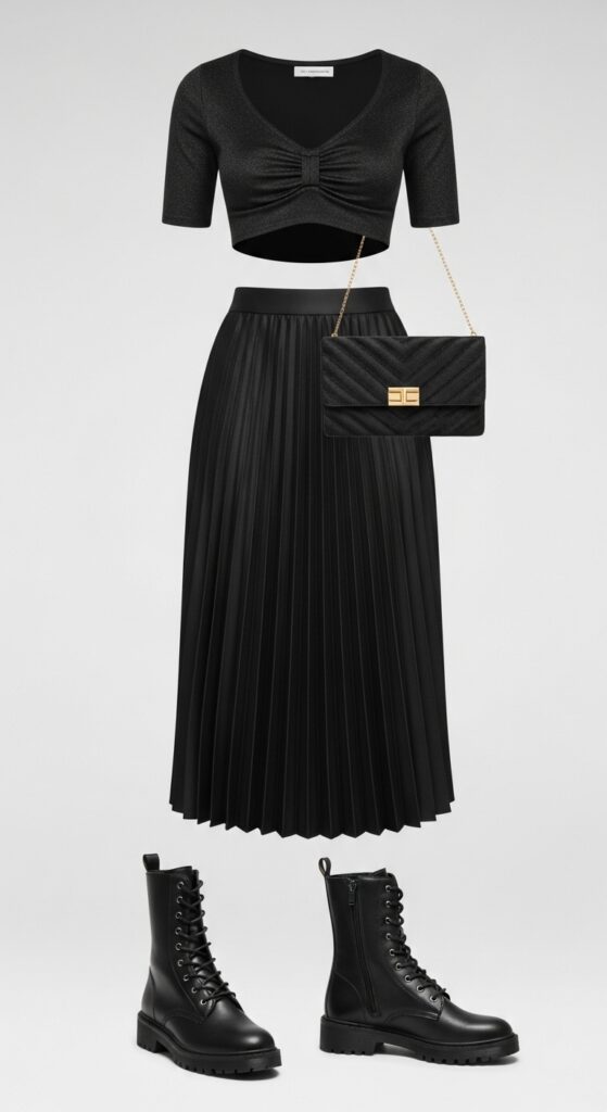 18 Bold Combat Boot Outfits to Slay Your Style This Season 14 Pleated Skirt and Crop Top