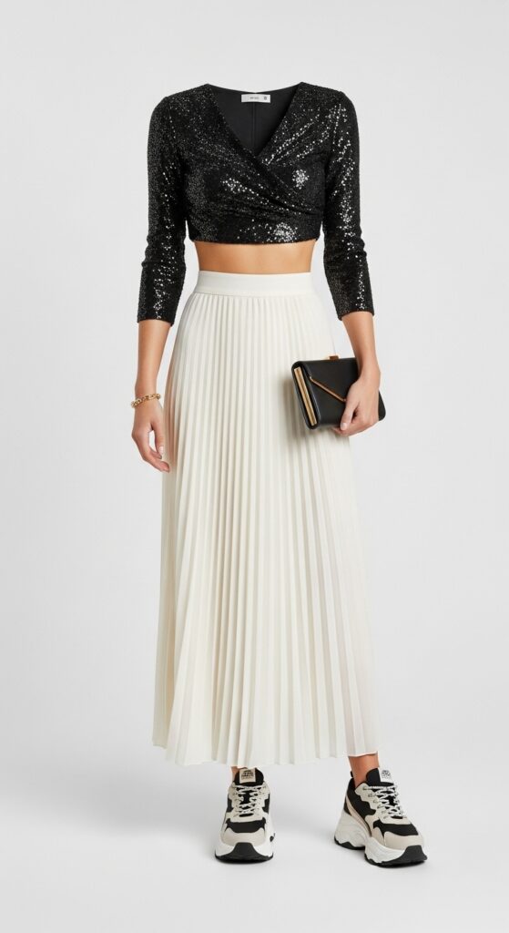 20 Bold Chunky Sneaker Outfits for a Standout Look 13 Pleated Skirt and Crop Top