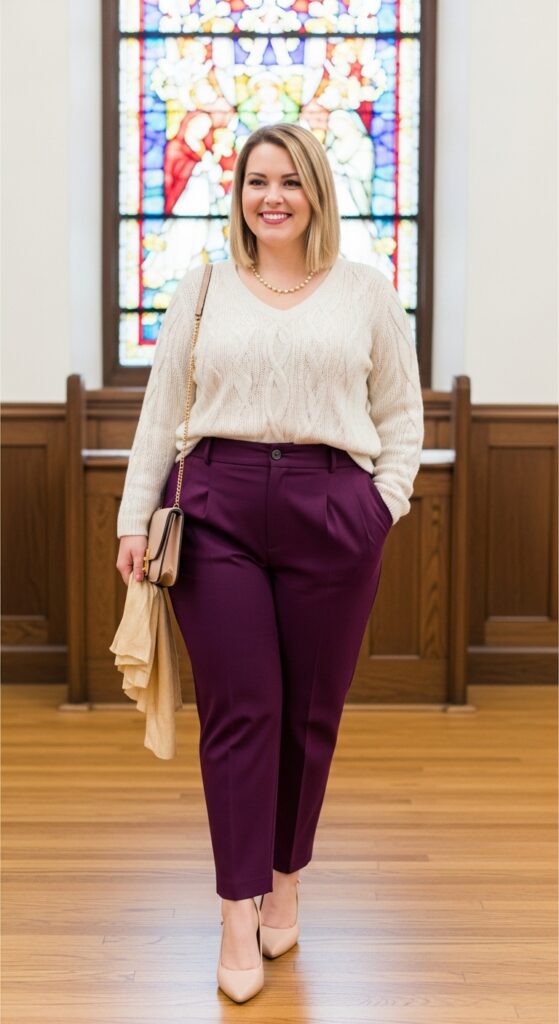 12 Plus Size Tailored Winter Church Outfits with Chic Season Style 5 Plum Tailored Trousers and Top for Choir Sundays
