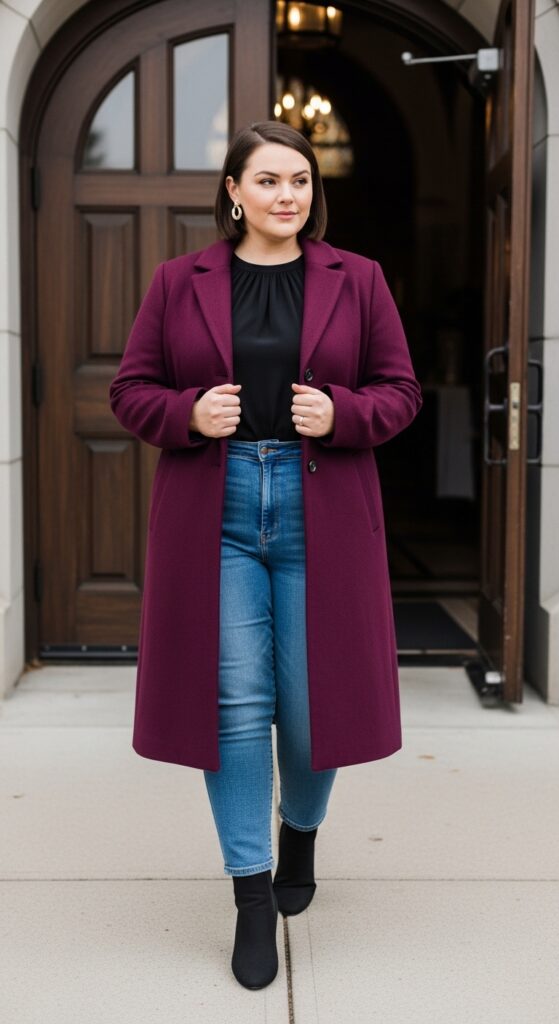 12 Plus Size Tailored Winter Church Outfits with Chic Season Style 14 Plum Wool Coat and Jeans for Winter Outings