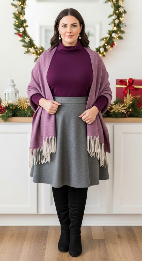 Plum Wool Turtleneck and Skirt for Office Events