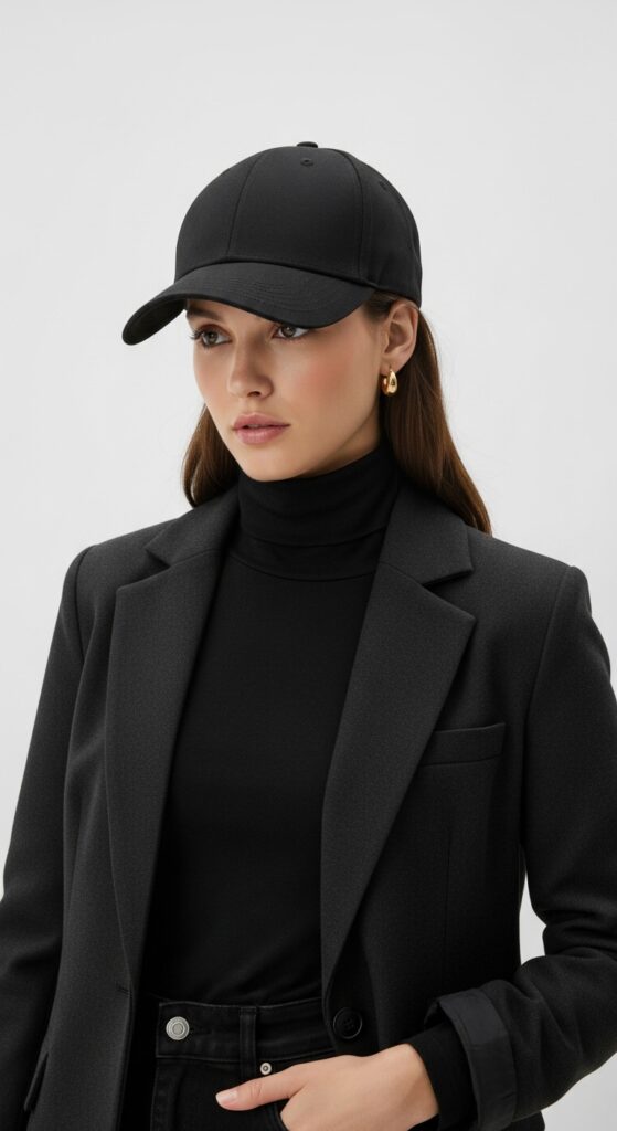 Polished Blazer and Turtleneck with a Sleek Hat