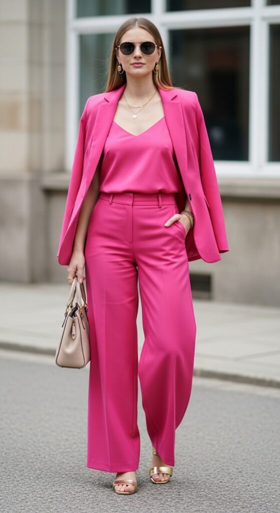 25 Pink Pants Outfits to Steal the Spotlight 27 Power Lunch Hot Pink Blazer & Trousers