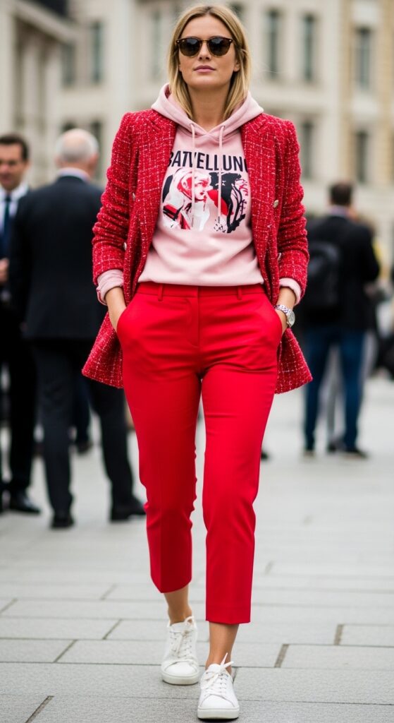 19 Red Pants Outfits to Ignite Your Style 21 Power Lunch Red Tweed Blazer & Red Cropped Trousers