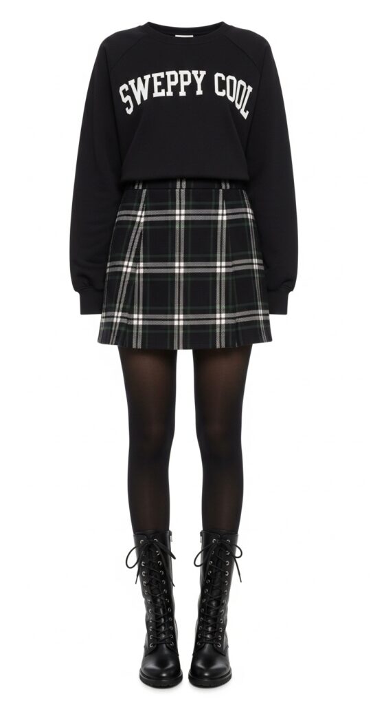 13 Trendy Winter Skirt Outfits That’ll Keep You Warm and Stylish 10 Preppy Cool Sweatshirt and Plaid Mini