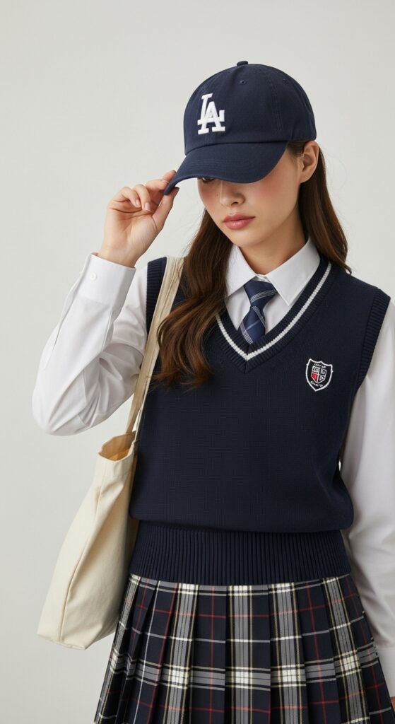 Preppy Sweater Vest & Skirt with a Classic Cap