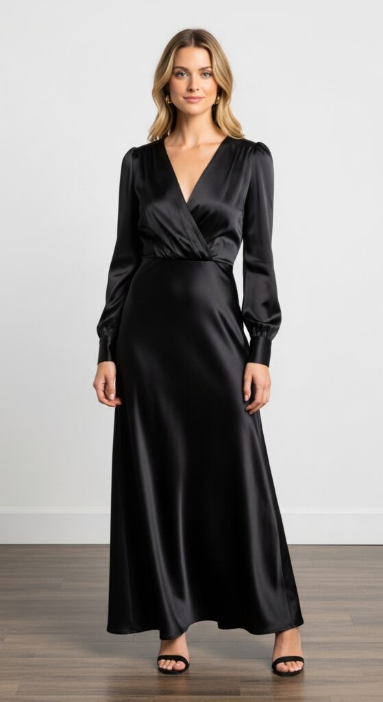 Preservation Hall Elegance Black Satin Long-Sleeve Dress