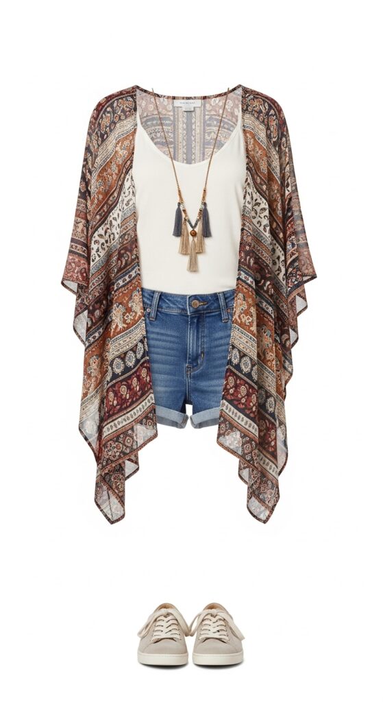 Printed Kimono and Denim Shorts