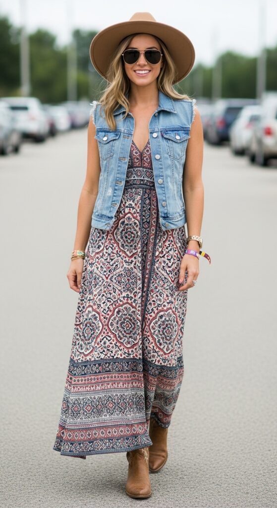 Printed Maxi Dress and Denim Vest