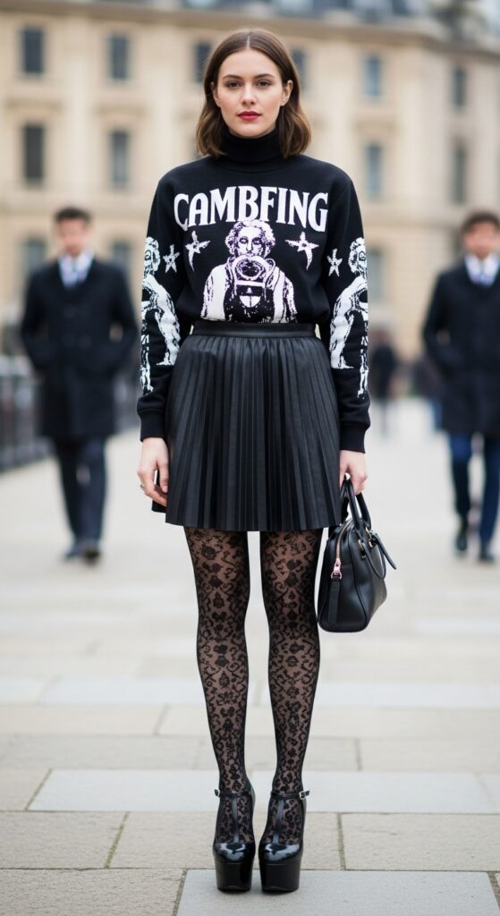 16 Chic Outfits with Tights: Elevate Your Cold-Weather Style 11 Printed Turtleneck and Platform Heels