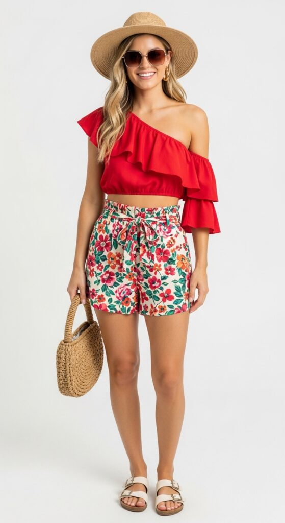 Mexico Outfit Guide: 33 Stylish Vacation Looks for U.S. Women in 2025 19 Puerto Vallarta Pop Red Ruffled Crop Top & Floral Shorts