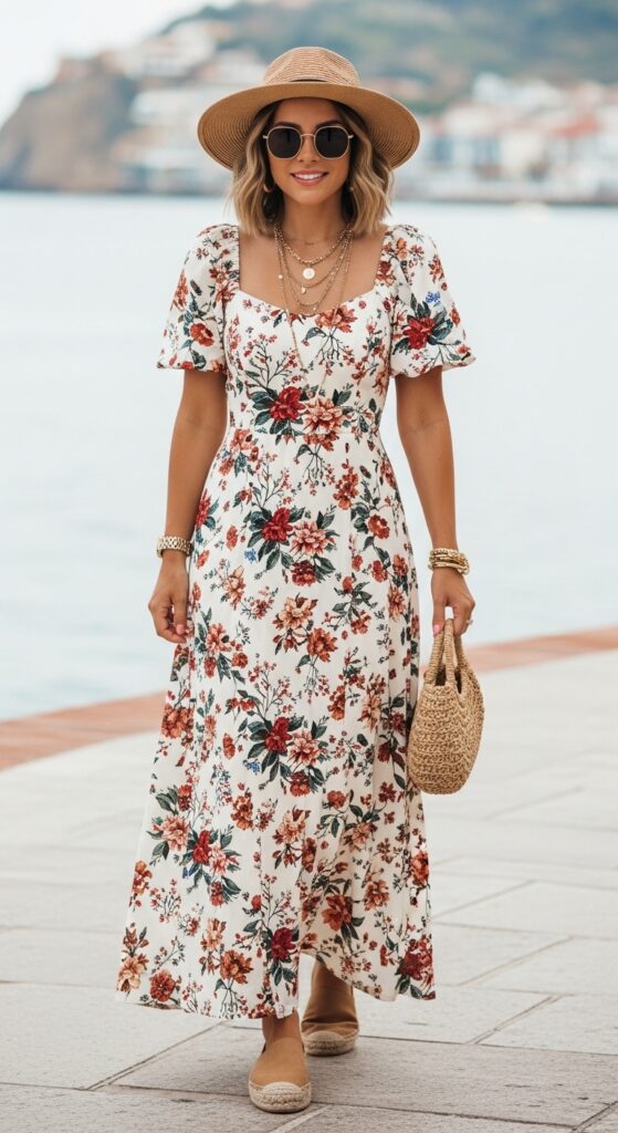 Mexico Outfit Guide: 33 Stylish Vacation Looks for U.S. Women in 2025 6 Puerto Vallarta Vibe Floral Maxi Dress & Espadrilles