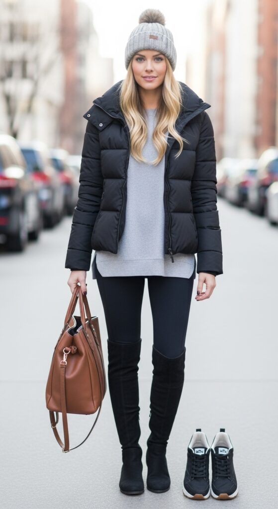 30 Stylish Winter Outfits for Women That Keep You Warm and Fashion-Forward 13 Puffer Jacket & Leggings Combo