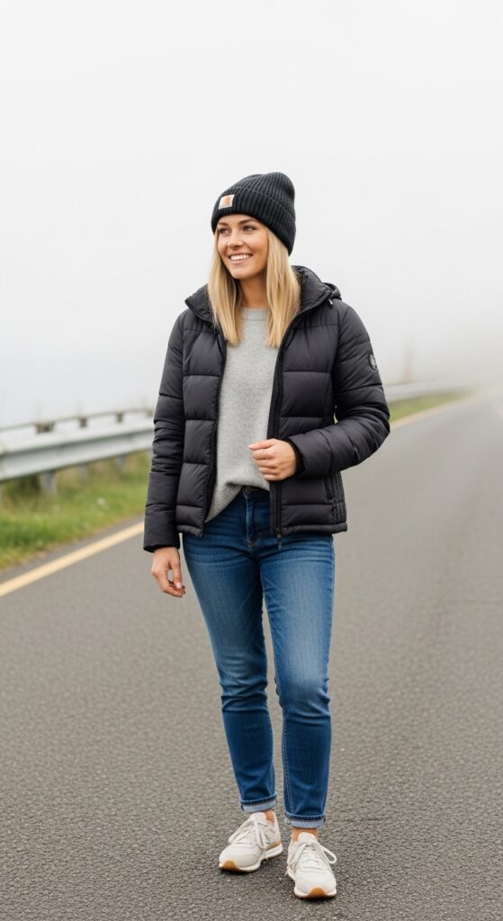 Puffer Jacket and Jeans