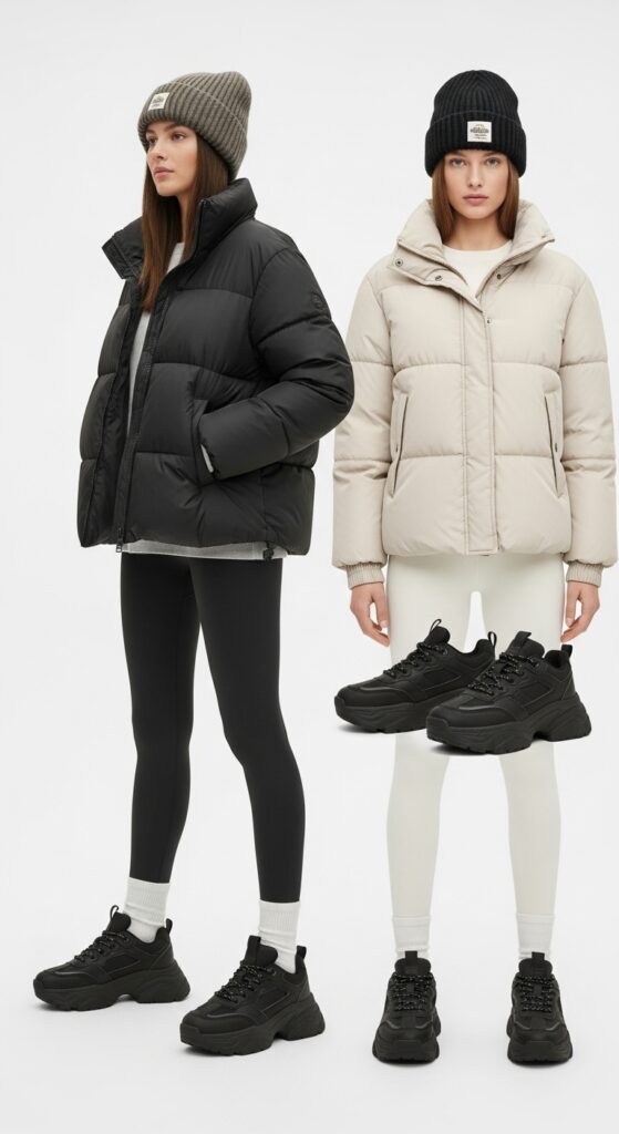 20 Bold Chunky Sneaker Outfits for a Standout Look 18 Puffer Jacket and Leggings