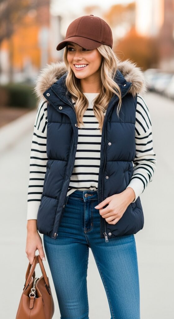 Puffer Vest & Jeans with a Complementary Hat