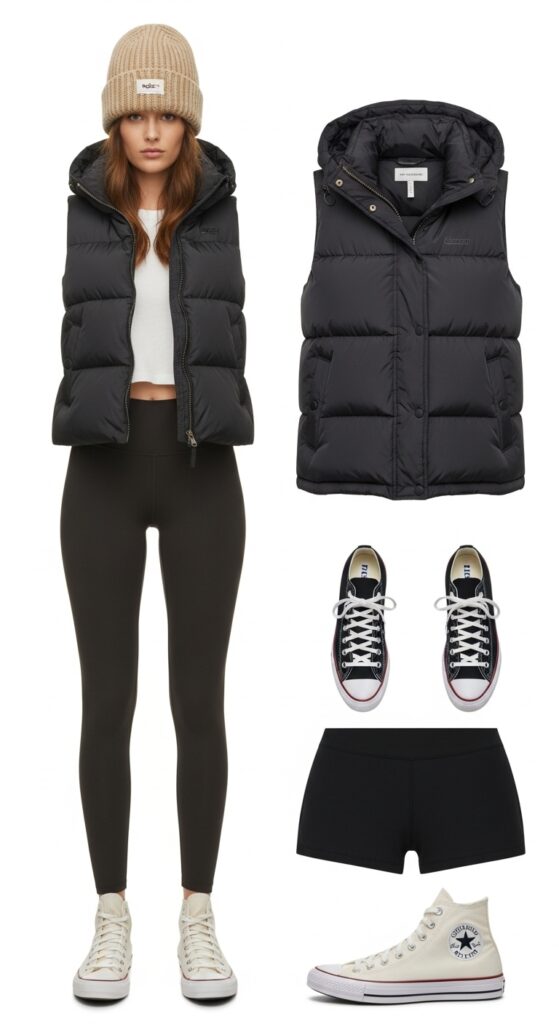 24 Trendy Converse Sneaker Outfits for Every Vibe 19 Puffer Vest and Leggings