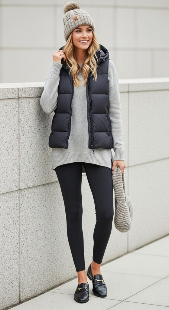 23 Stylish Loafer Outfits for Effortless Elegance 20 Puffer Vest and Leggings