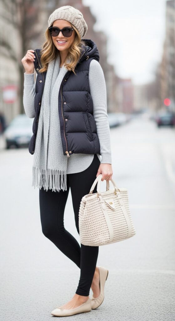 21 Feminine Ballet Flat Outfits for Classic and Modern Looks 21 Puffer Vest and Leggings