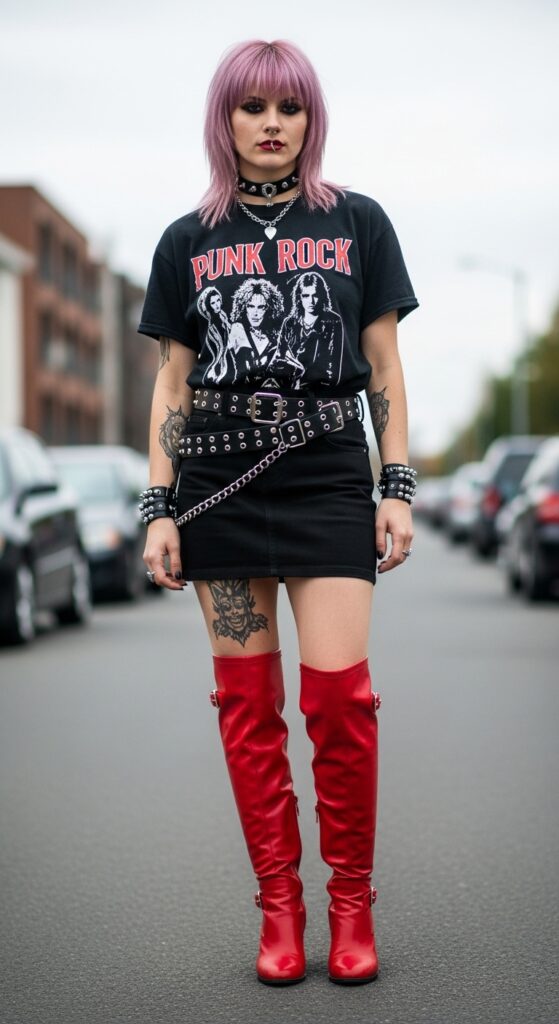 Punk Rock Mini Skirt + Graphic Tee + Red Boots