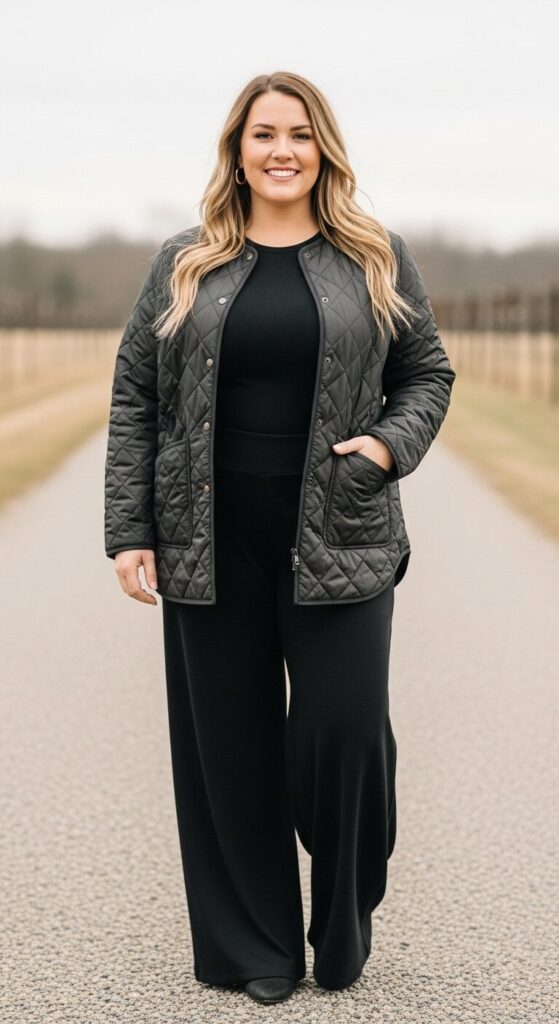 11 Plus Size Winter Winery Outfits (Taste Wine in Style) 11 Quilted Jacket & Wide-Legged Pants