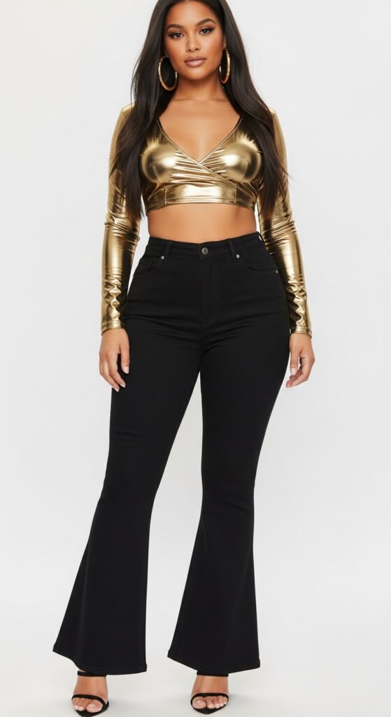 18 Flare Jeans Outfits for U.S. Women in 2025 15 R&B Concert Swagger Metallic Crop Top & Black Flares