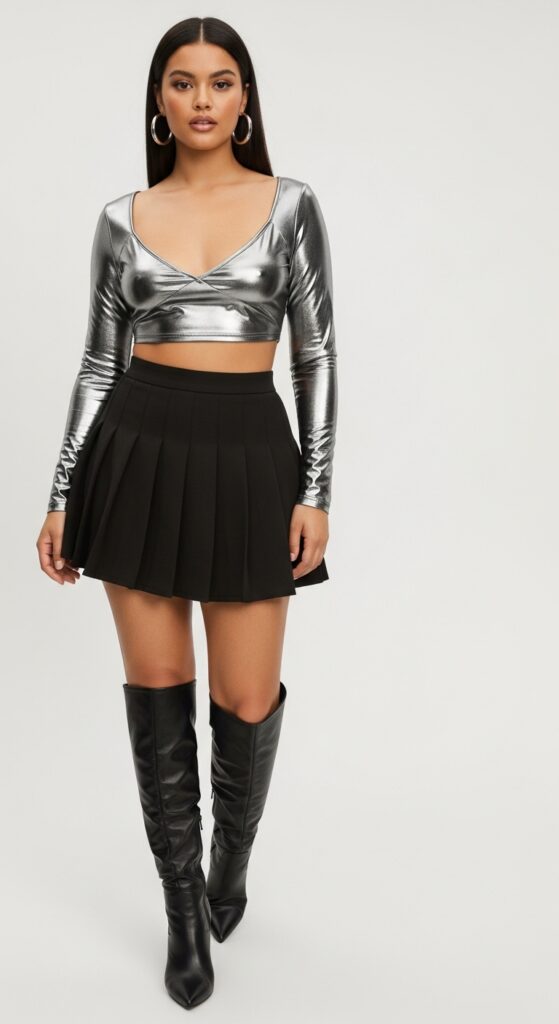 28 Pleated Skirt Outfits to Nail Effortless Chic 17 R&B Concert Swagger Metallic Crop Top & Black Pleated Mini