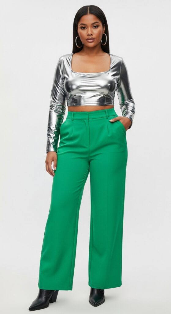20 Green Pants Outfits to Elevate Your Style 16 R&B Concert Swagger Metallic Crop Top & Bright Green Pants