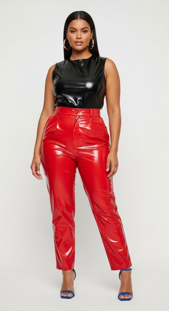 19 Red Pants Outfits to Ignite Your Style 15 R&B Concert Swagger Vinyl Top & Red Vinyl Pants