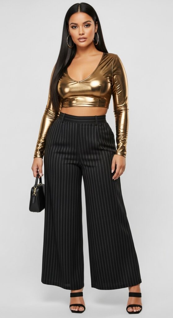 R&B Night Metallic Crop Top & Black Striped Pants