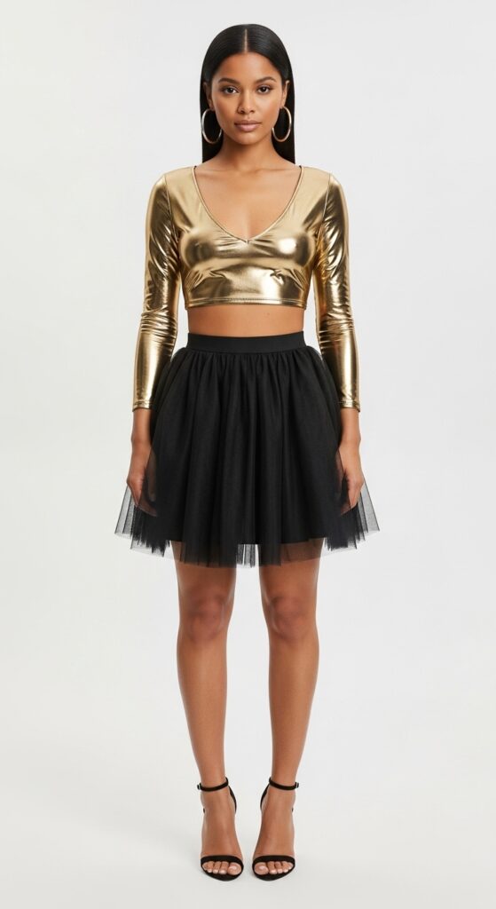 21 Stunning Tulle Skirt Outfit Ideas for U.S. Women in 2025 23 R&B Night Metallic Crop Top & Black Tulle Mini