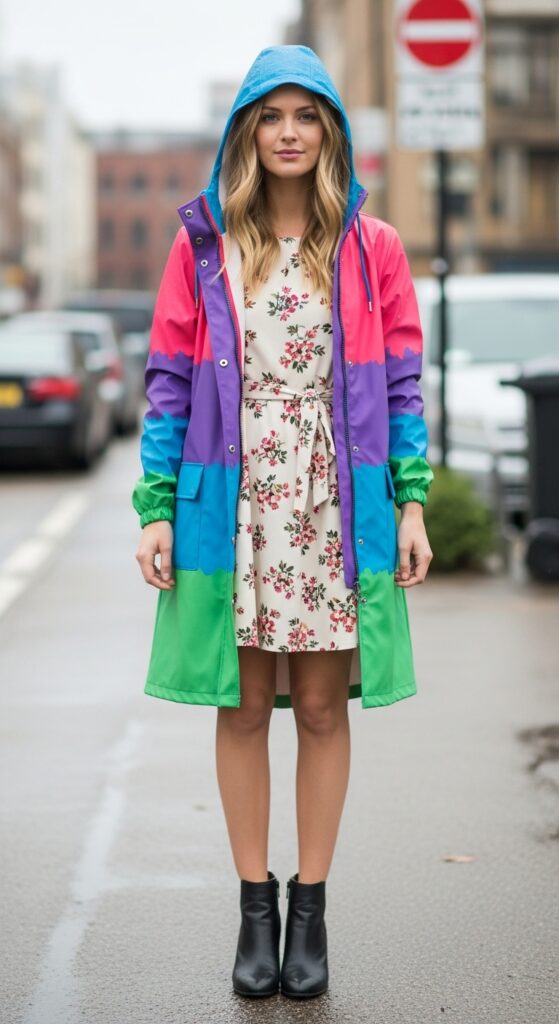 Raincoat and Floral Dress